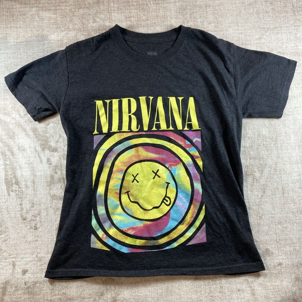 Nirvana Shirt Womens X Small Gray Multicolor Tie Dye Smiley Print Grunge Ladies